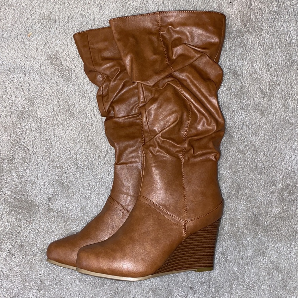 Journee Womens Regular Sized and Wide-Calf Slouch Knee-High Wedge Dress Boot